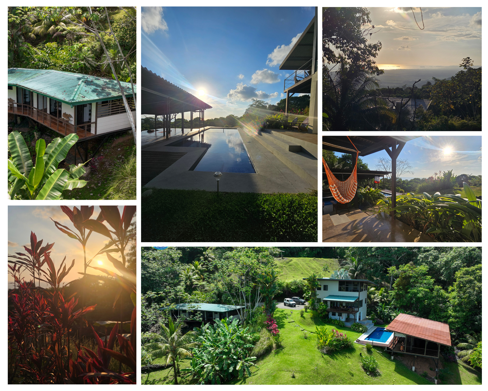 Mountain side reatreat center with several buildings, a pool, a covered deck, grassy open space, and surrounded by jungle with an ocean view.