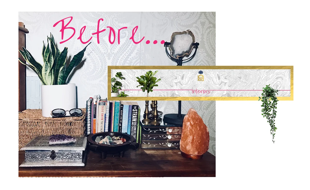 Plants and crystals are great for wellness but the cluttered styling is a joke. Don’t let me start on the wallpaper.