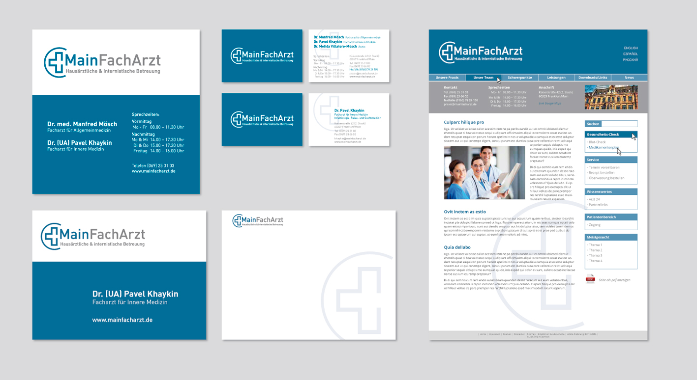 Logo, Visitenkarten, Beschilderung, Powerpoint-Vorlagen und Website für »MainFachArzt«, Arztpraxis