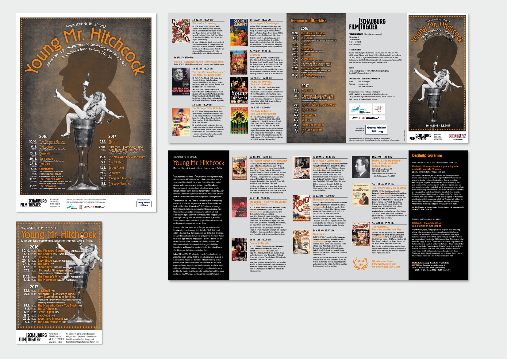 HITCHCOCK-Filmreihe – Schauburg Filmtheater, Karlsruhe Plakat (A1), Anzeige (90x130 mm) und Programmfolder (Format: DIN Lang, 10 Seiten, 4-Bruch-Parallelwickelfalz)