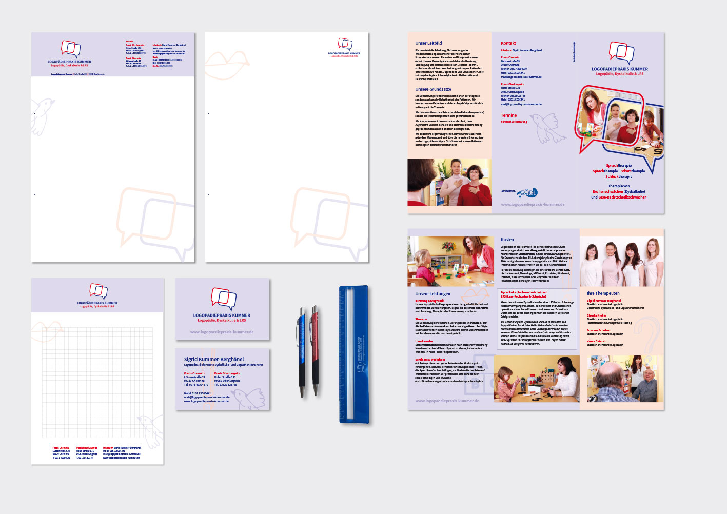 Logo, Geschäftsausstattung, Folder (Wickelfalz auf DIN Lang), Notizblock (A5), Stifte und Lineal für »Logopädiepraxis Kummer« www.logopaediepraxis-kummer.de