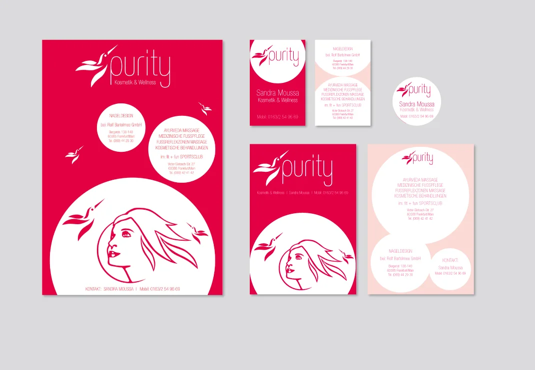 Logo, Illustration, Visitenkarte, Flyer und Plakat für »Purity«, Kosmetikstudio