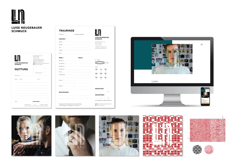 Logo, Folder, Visitenkarte, Aufkleber, Quittungsblock, Bestellbogen & Website für »Luise Neugebauer – Schmuck«, Schmuckdesignerin www.luiseneugebauer.de
