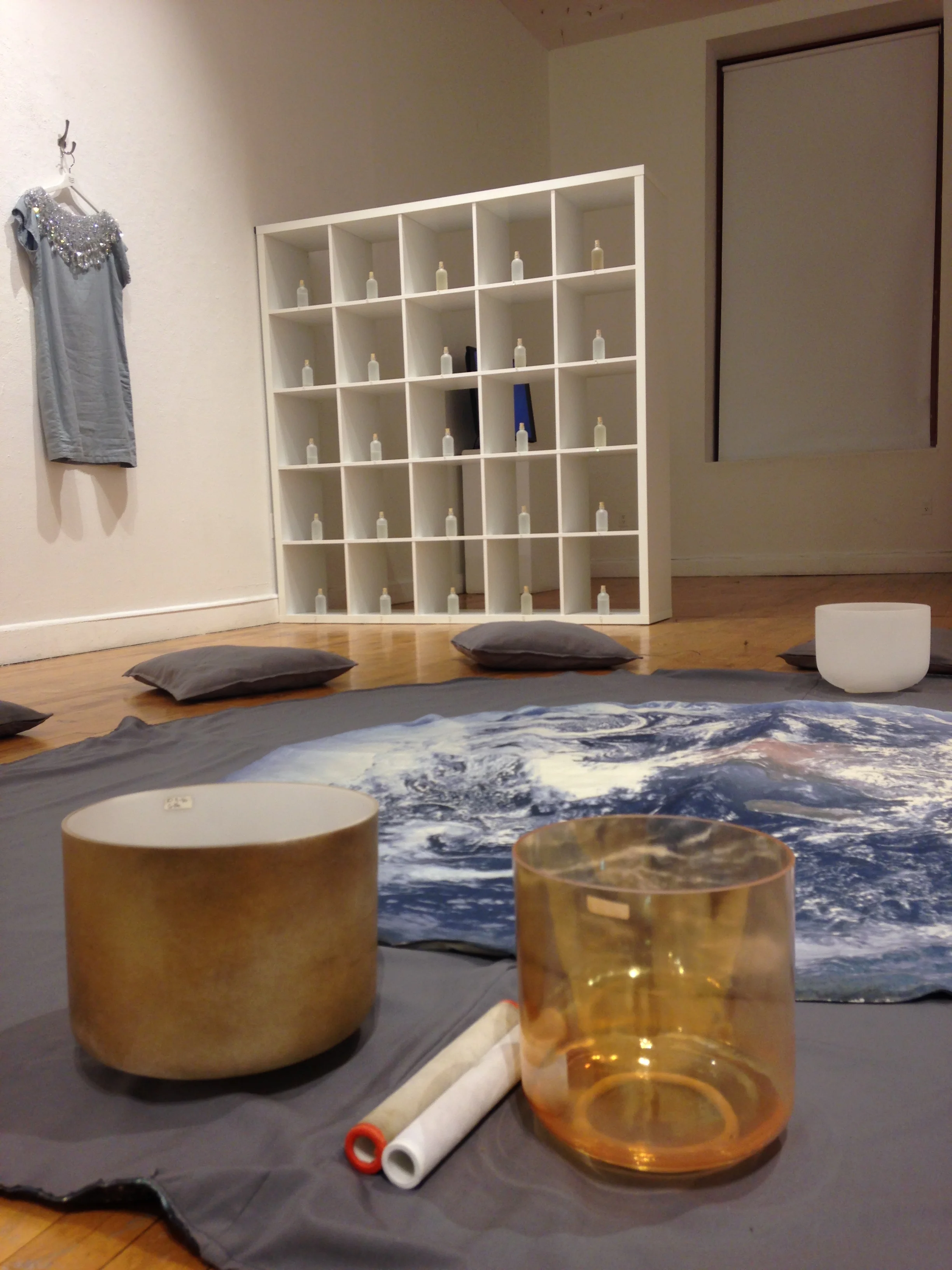 Jaclyn's Crystal Bowls set up at the "Water Keeper's Library".. ready for the journey!
