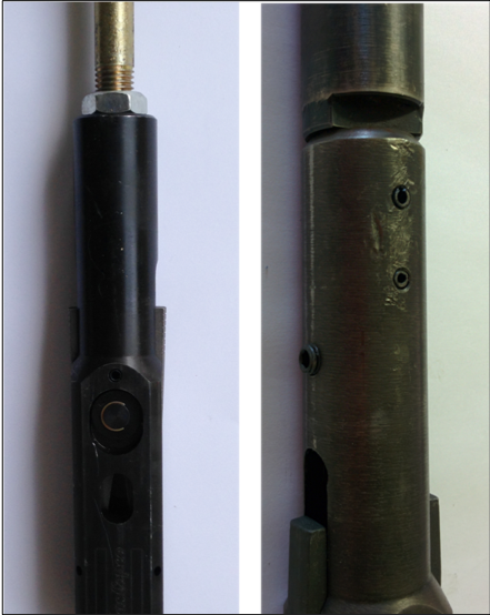The jar staff is retained in the overshot body in two ways; it may be screwed in and retained with a lock nut or it may be retained using two spring pins.