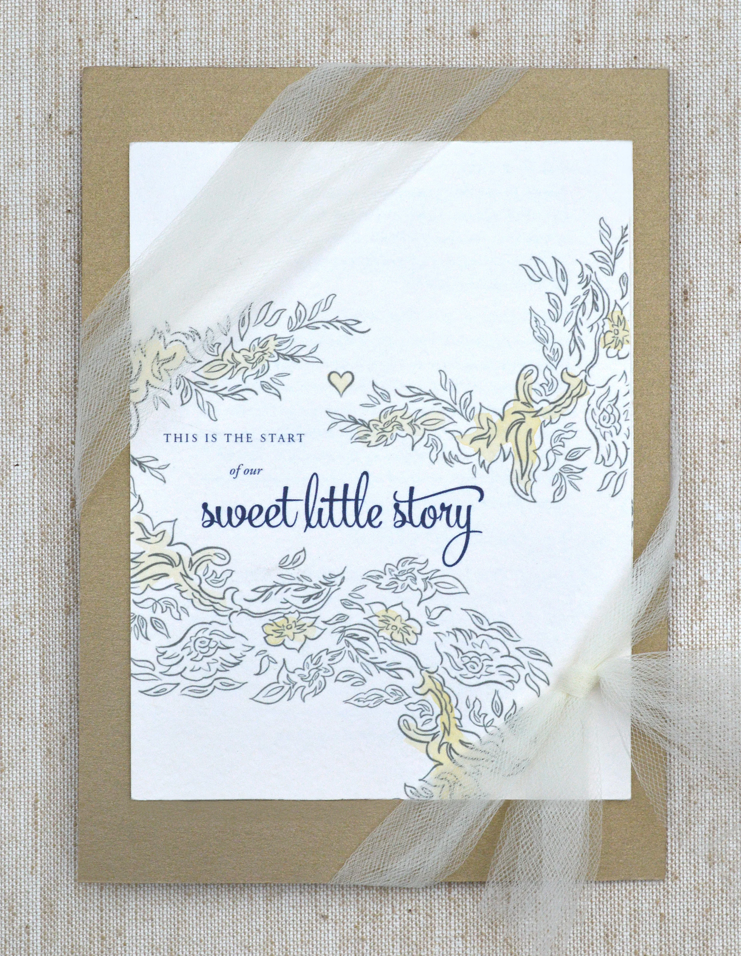  Trifold Information Card.  Tied to the back of the invitation with tulle.  