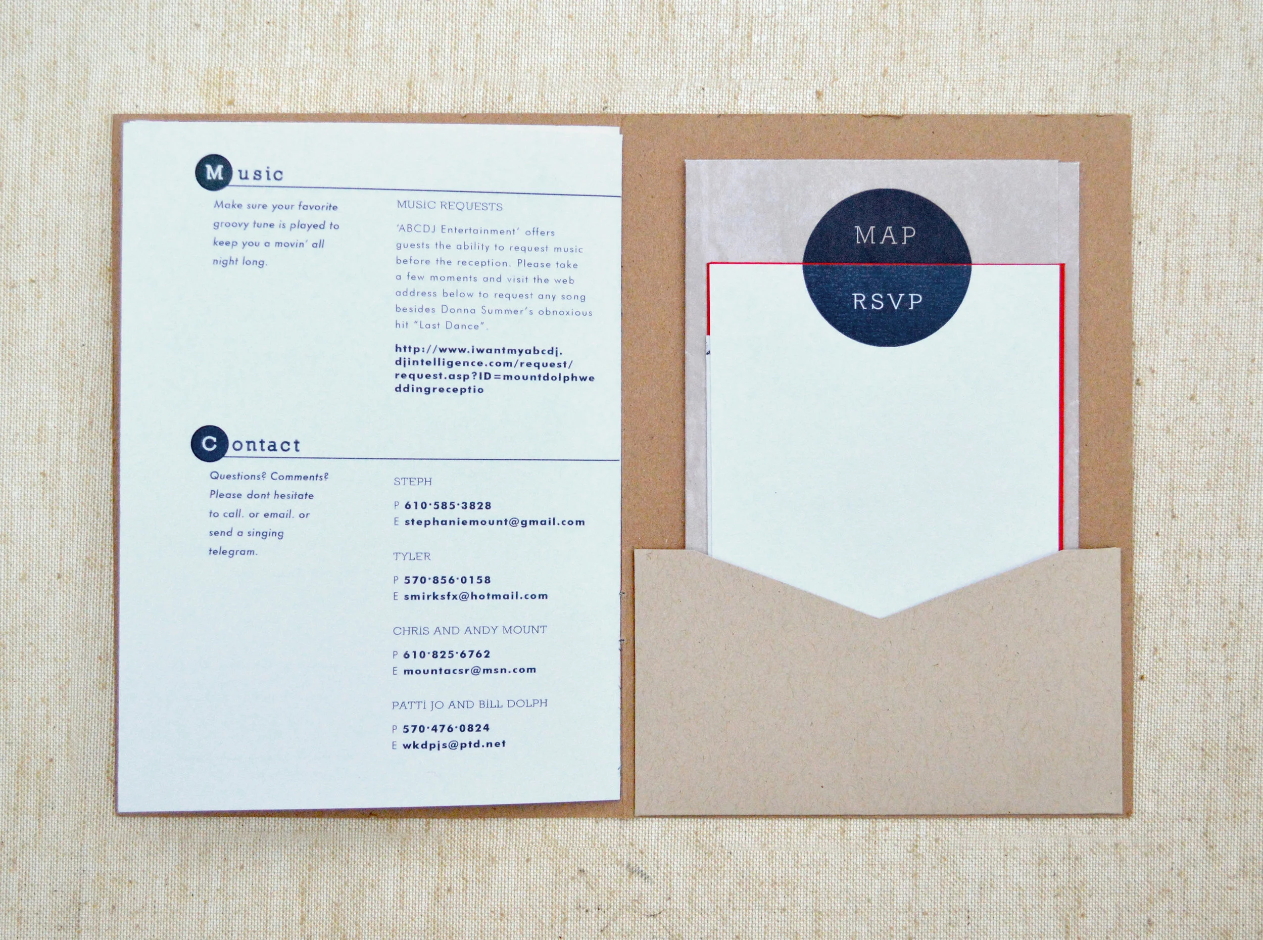  Invitation.  Information Page and Back Pocket with Response Card and Map.&nbsp;  