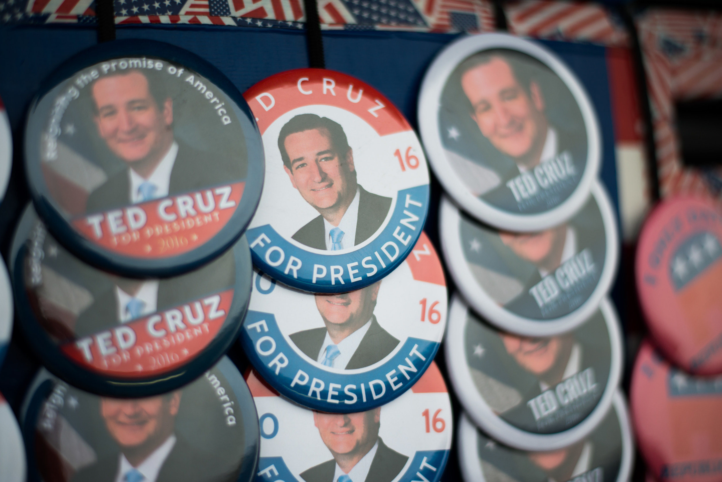  Ted Cruz-themed jacket pins being sold outside Tiger Den restaurant in Lenox, Iowa, on Nov. 28, 2015. 