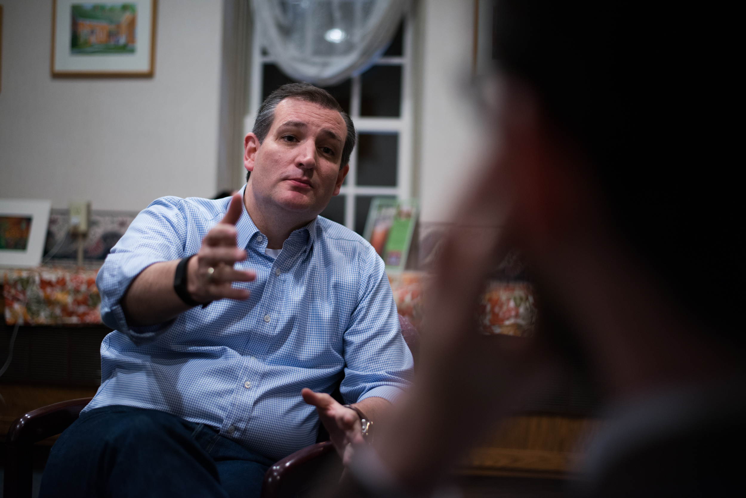  Republican presidential candidate Ted Cruz gestures during an interview with a Guardian US reporter in Amana, Iowa, on Nov. 29, 2015. 