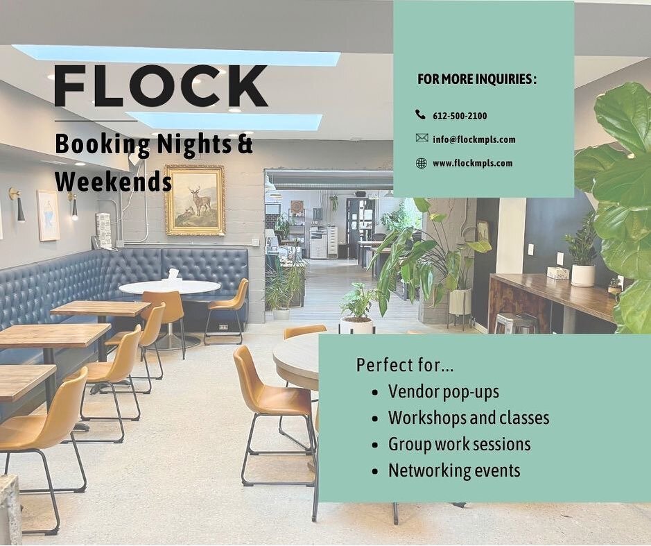 If you're looking for a space to host your upcoming function, FLOCK has got you covered!

We're super excited to open up our bistro for your pop-ups, workshops and classes, group work sessions, and networking events!

The space has seating for 21, mo