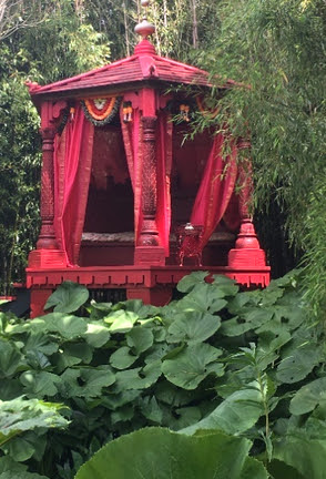 Not a wall but a room within a room, the Red Mughal Pavilion floats above a carpet of petasites.