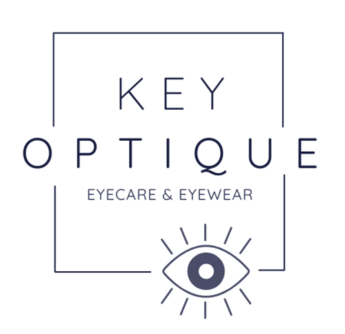 Logo for Key Optique Eyecare & Eyewear featuring the business name and an eye icon with lines radiating from it.