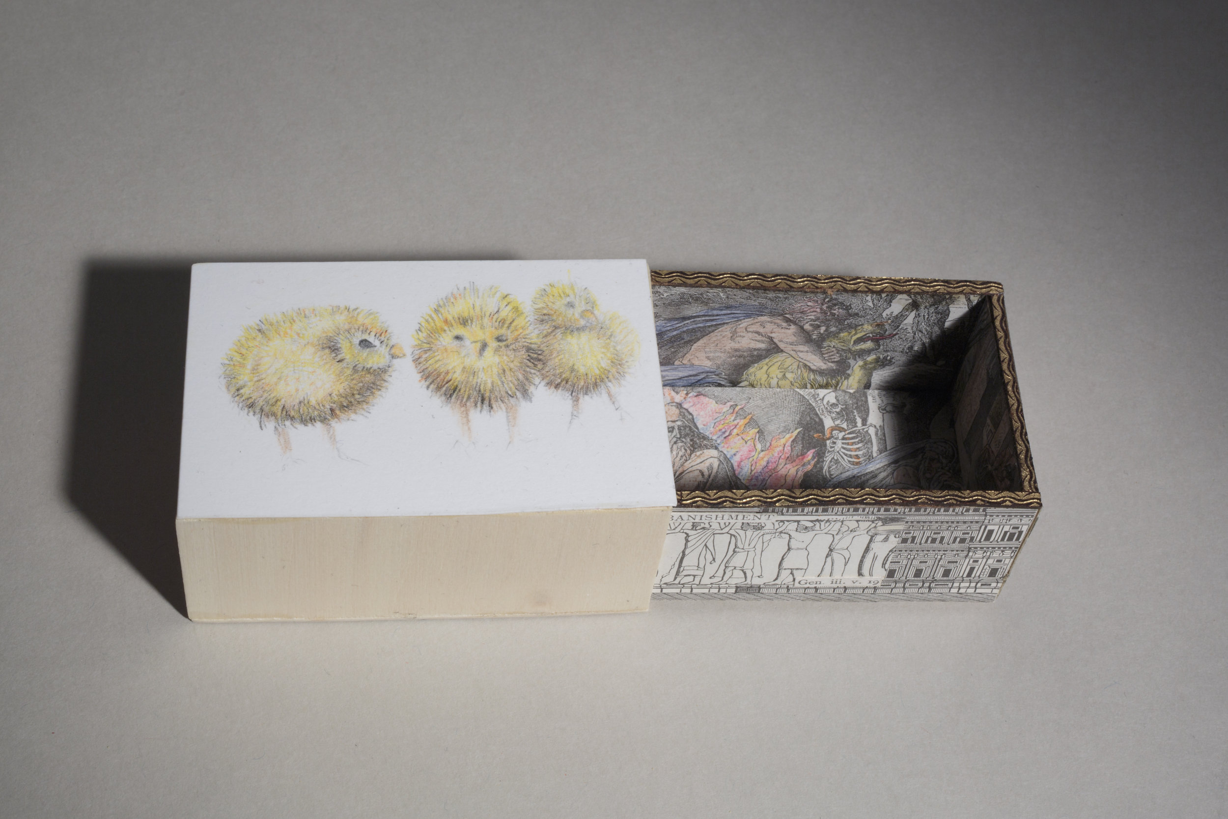   KEEPERS OF MY SECRETS: CHICKS   Bass wood, graphite, colored pencil  5" x 2.5" x 2" 