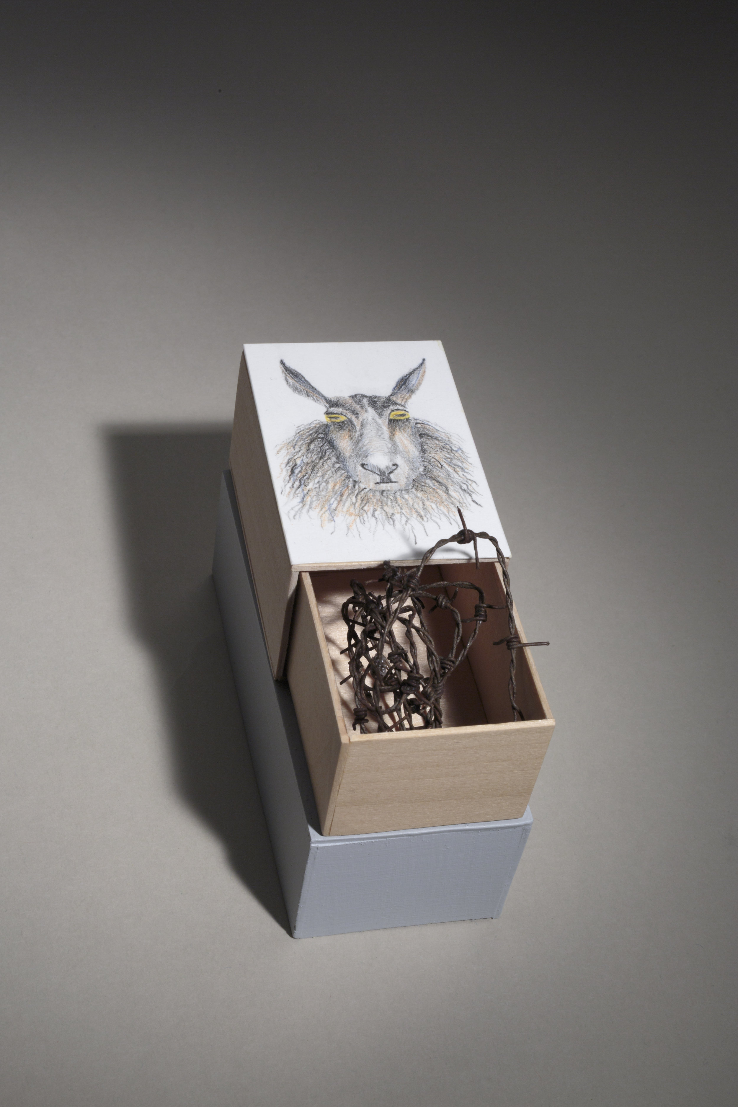 KEEPERS OF MY SECRETS: SHEEP 5" x 2.5" x 2" Bass wood, graphite, colored pencil
