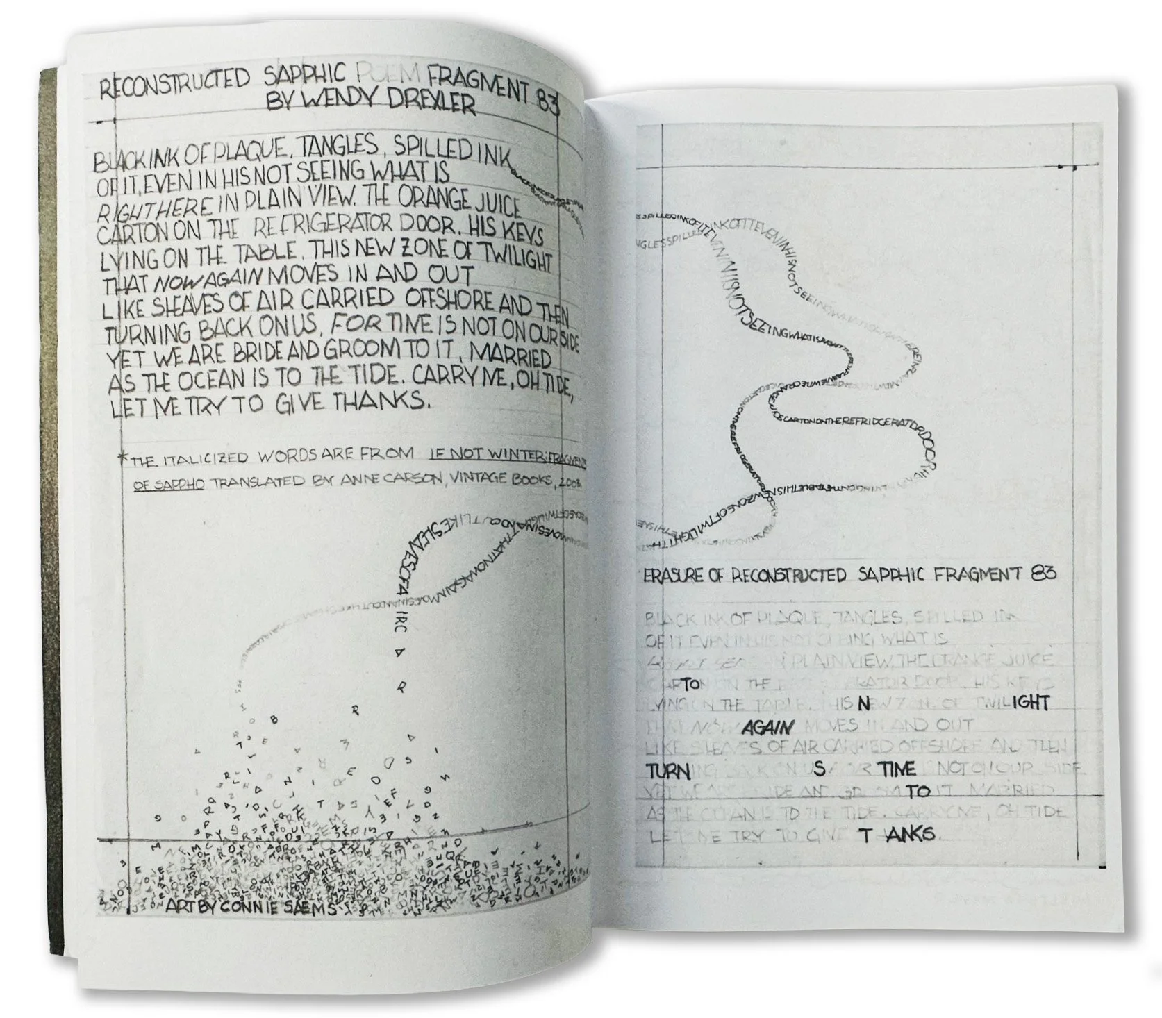 SAPPHIC POEM FRAGMENT 83 by poet Wendy Drexler with hand-written poem and art work by Connie Saems appearing in PENCIL MAGAZINE ISSUE TWO