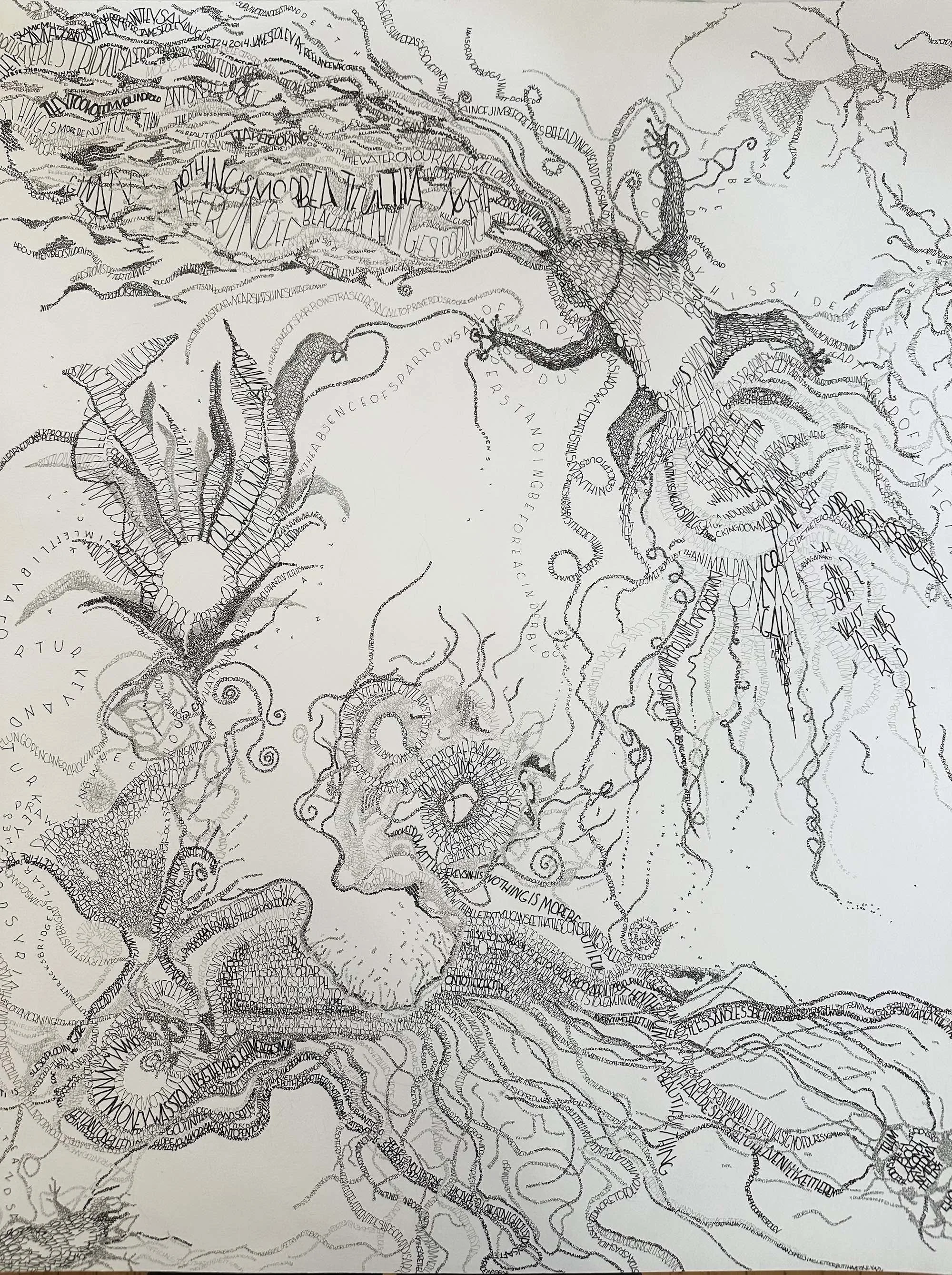  LEST WE NOT FORGET  
ink on paper, 28” x 22.5”
text taken from SHADOW ACT by Daniel Brock Johnson, Mc Sweeney's Poetry Series, 2023