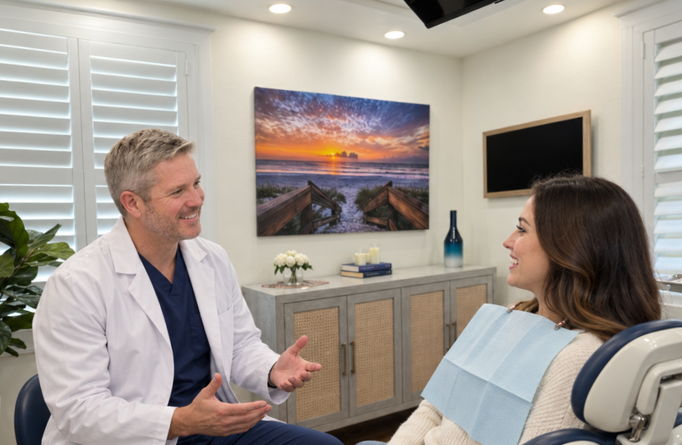 Dr. CJ Henley talking with a woman seated in a dental chair.