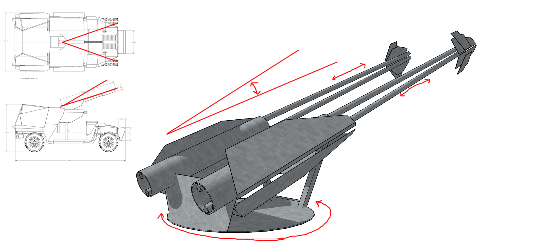  The cannon turret was designed to rotate left and right as well as move from an initial horizontal position upward before firing. 