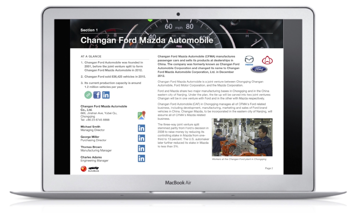 The China AutoBook includes company profiles of OEM car makers, Multinationals and Chinese automotive parts suppliers as well as organizations, media and exhibitions.