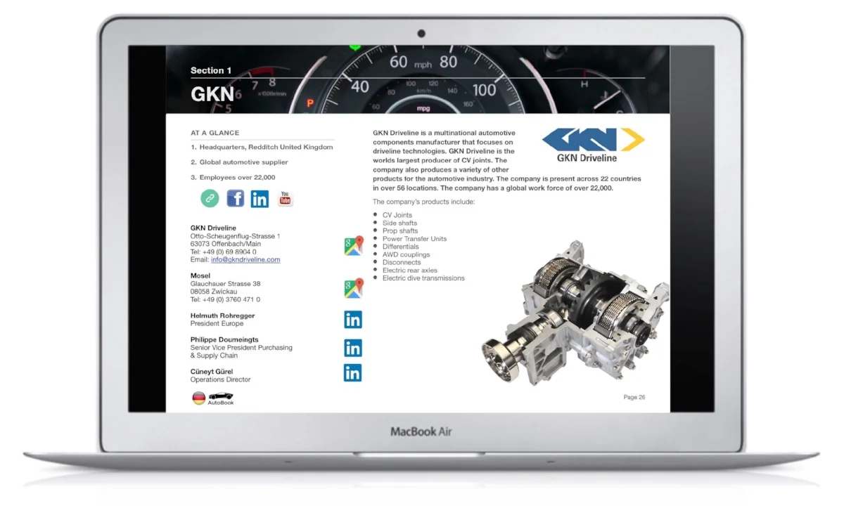 The Germany AutoBook includes company profiles of OEM car makers, Multinationals and German automotive parts suppliers as well as organizations, media and exhibitions.