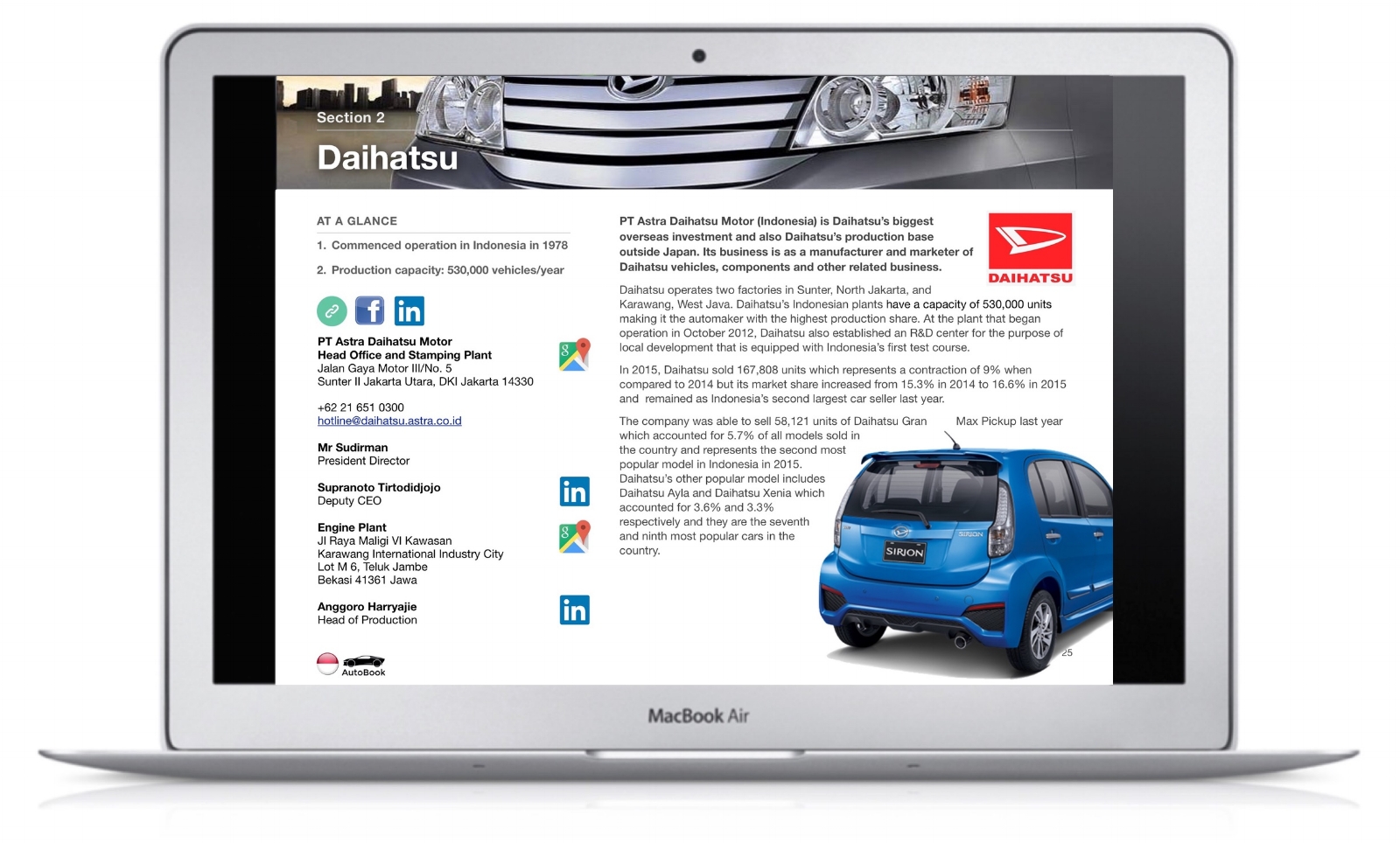 The Indonesia AutoBook includes company profiles of OEM car makers, Multinationals and Indonesian automotive parts suppliers as well as organizations, media and exhibitions.