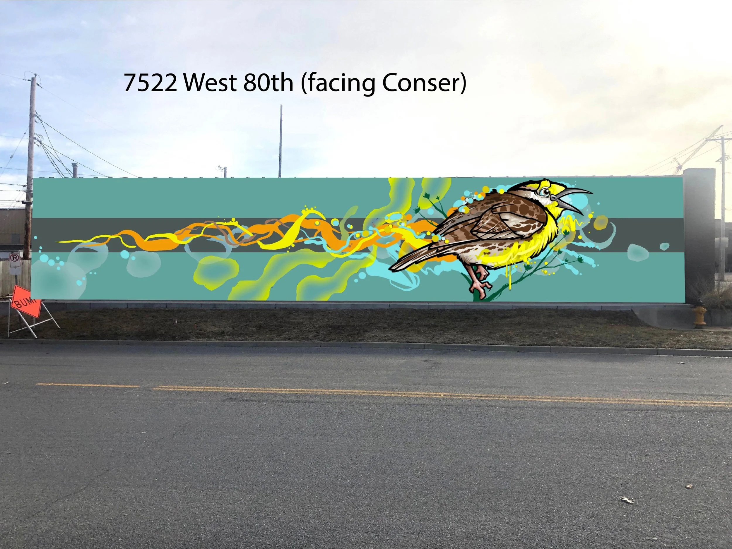The mural at the corner of 80th and Conser is designed by Donald “Scribe” Ross and depicts a Meadowlark, the state bird of Kansas.