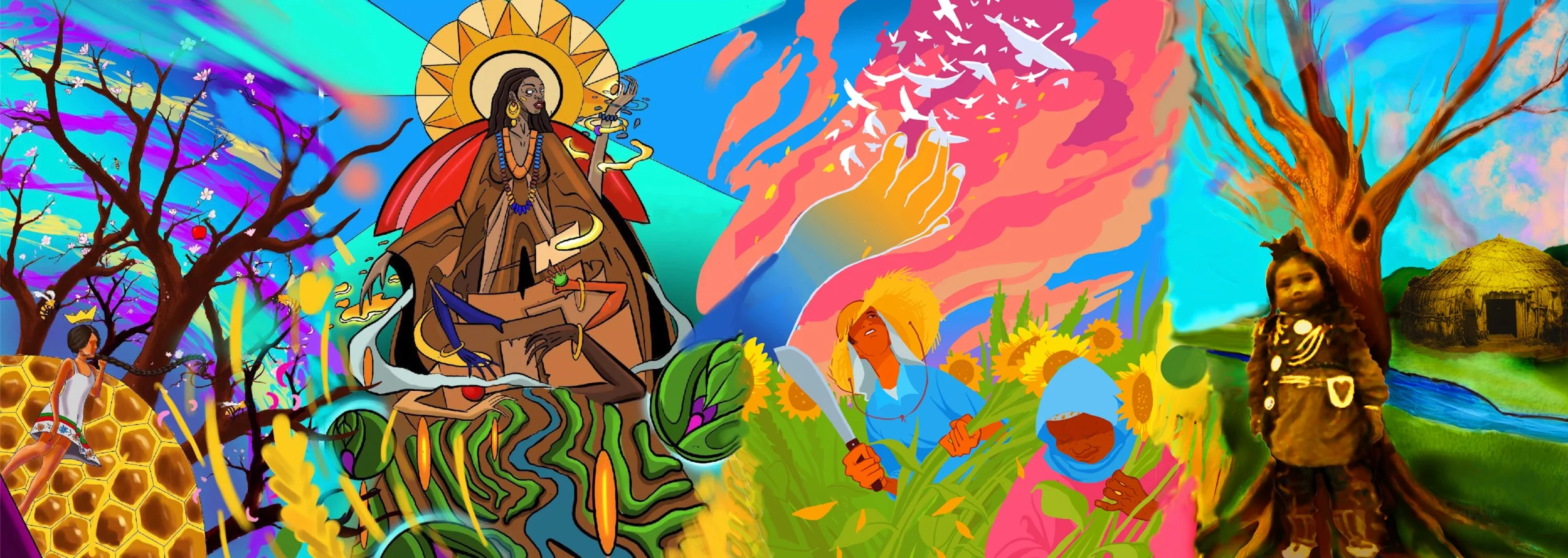 Facing the clocktower on the side of the Penzey’s Spice business, this mural represents the work of 4 artists - Isaac Tapia, Aaron Sutton, Emily Alvarez, and Rodrigo Alvarez. The images abstractly symbolize a multiracial community, its cooperation, creativity, relationship to the earth, hopes and dreams.