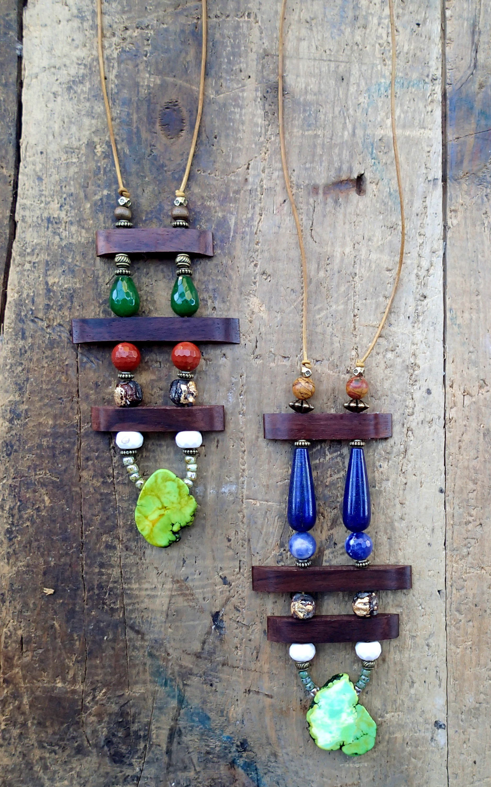 9) AVAILABL E 10) SOLD . L to R, $95 ea. Organic wood, stone, shell, glass, brass & gold leaf on distressed leather cord. $4 shipping. arrives in a gift box. contact me with questions or for a paypal invoice: cherielester@gmail.com