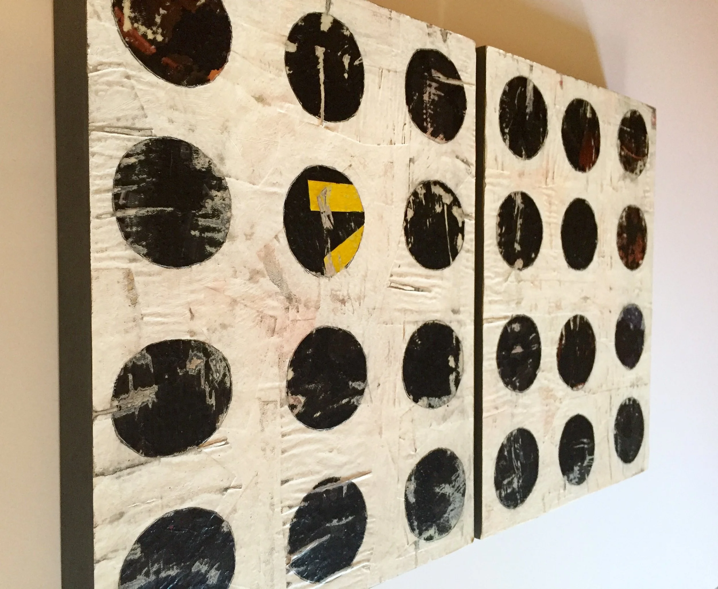 SOLD Diptych. Mixed media collage/painting on two panels. Each panel is 11x14, can be hung vertically or horizontally.