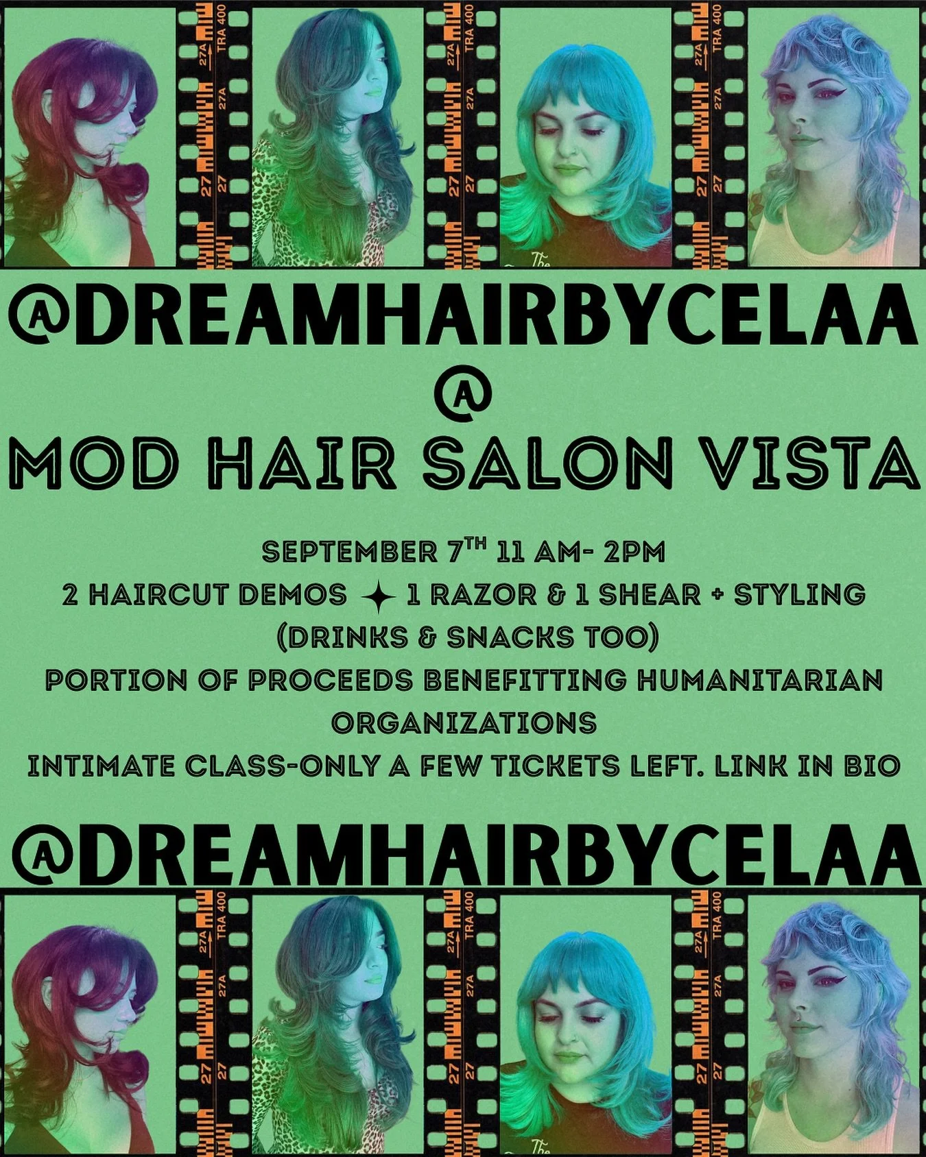 Come learn the magic of the legend herself @dreamhairbycelaa while benefitting good causes!!

✨2 cuts and styles demonstrated 
✨Benefitting organizations helping immigrants in detention centers and flood victims in Texas
✨Ask questions you have
✨See 