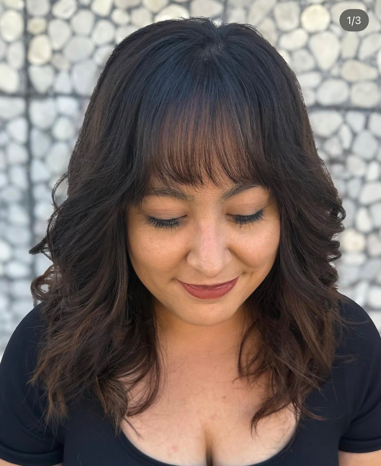 Chocolate Brown Piecey Bangs and Layers by Vanessa