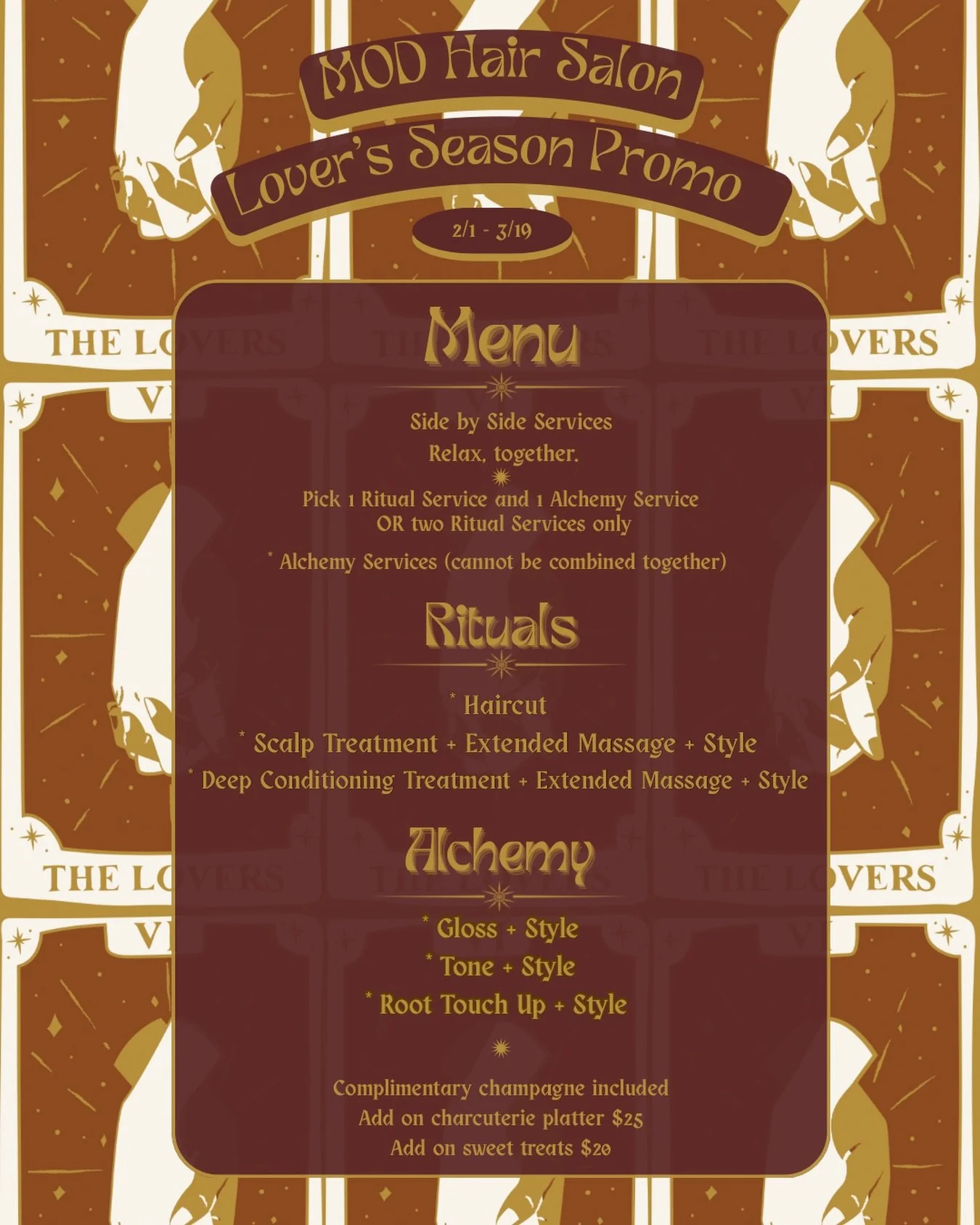 From February 1st, to the Spring Equinox, love is in the air at MOD! 

Side by side services ❤️&zwj;🔥 Relax, together!

Includes complimentary Champagne
Add-on charcuterie platter $25
Add-on sweet treats by @karelysweetsshop $20
2/1-3/19

Choose 2 R