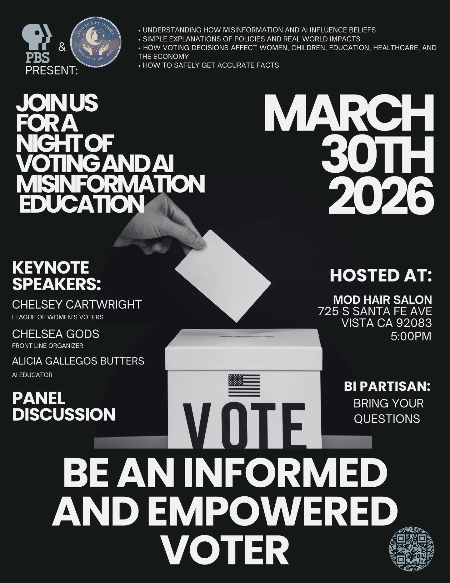 AI is shaping what we believe.
Misinformation is shaping how we vote.

Join us in a bipartisan night to learn, ask questions, and understand how to navigate the most confusing information era in history.

No parties, no stress 🖤

Just calm clarity a