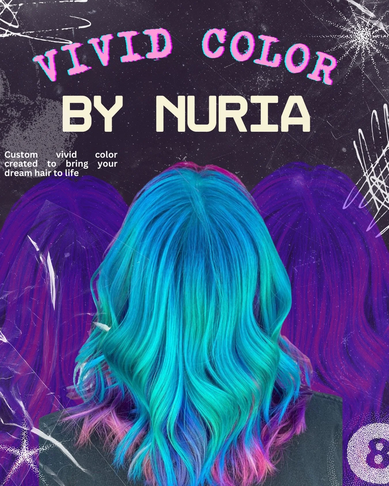 Creative galaxy color created by @nuria_does_hair ✨

Making hair dreams a reality, Nuria creates a custom placement to make each hue of teal, purple, and pink stand out. When the color is this bold it speaks for itself. 

Book with Nuria today! 🔗 in