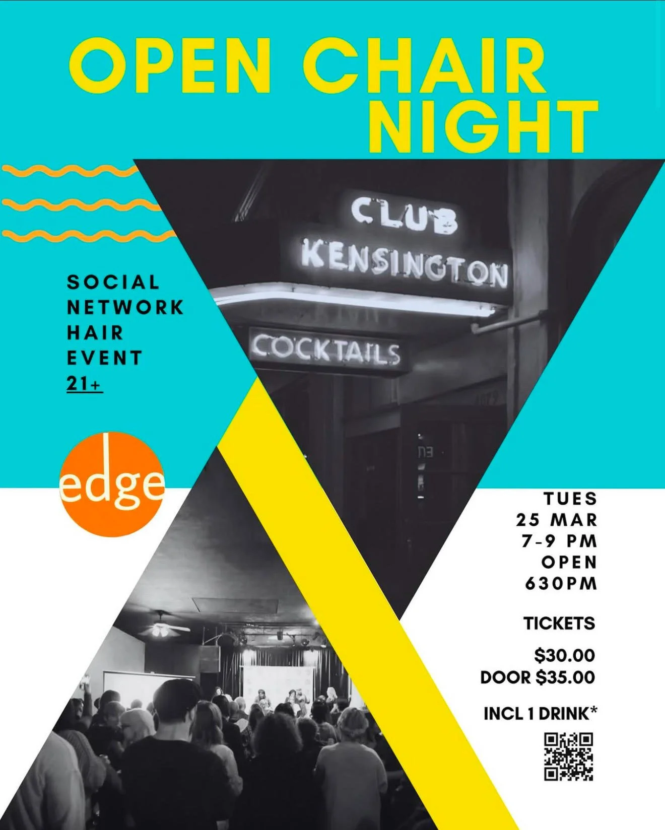 open chair night in Kensignton, San Diego, Tuesday March 25th from 7-9pm. Tickets $30 and includes 1 drink
