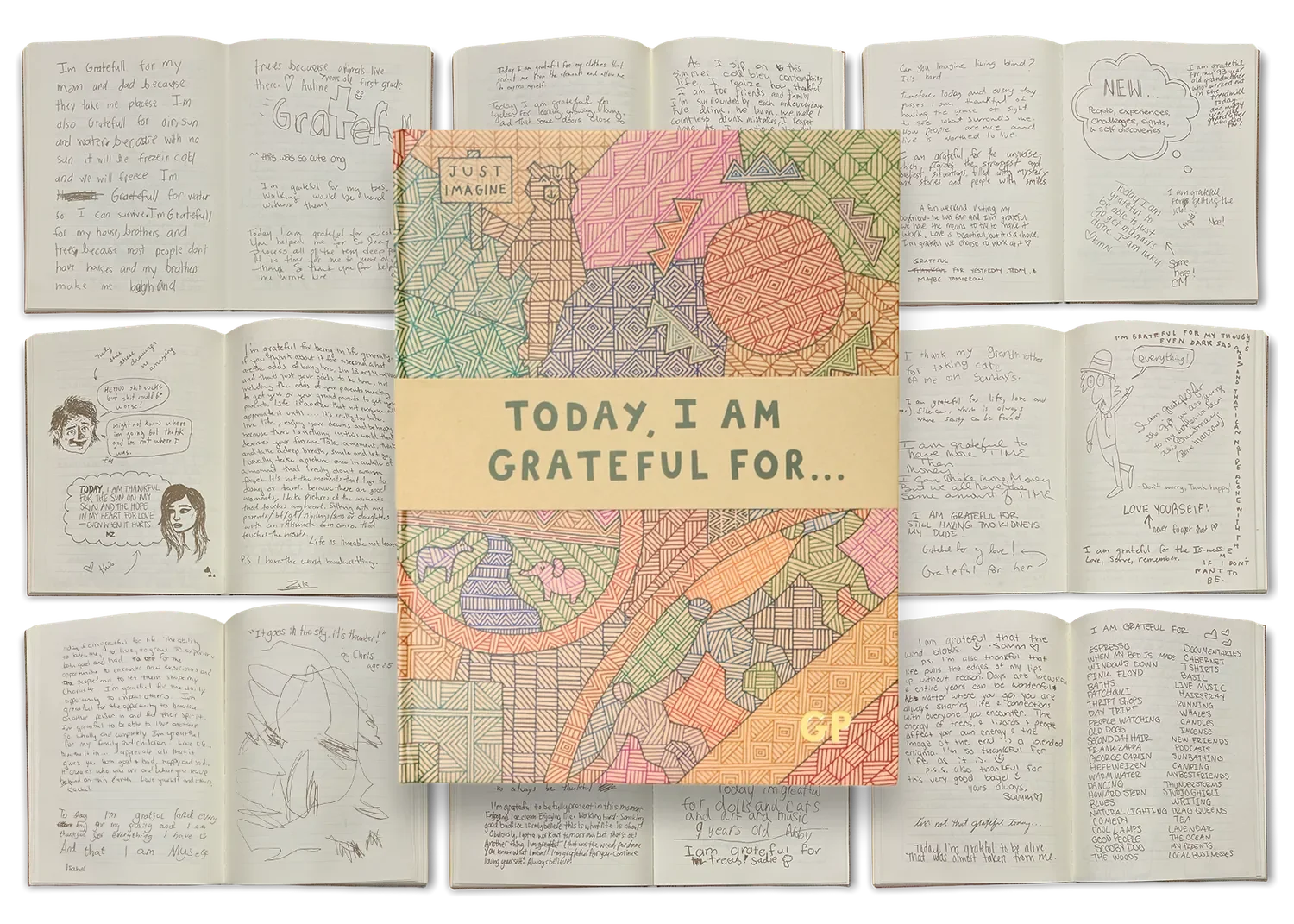 Collage of open Grateful Peoples Gratitude Journal pages filled with handwritten messages, with the journal cover overlaid in the center