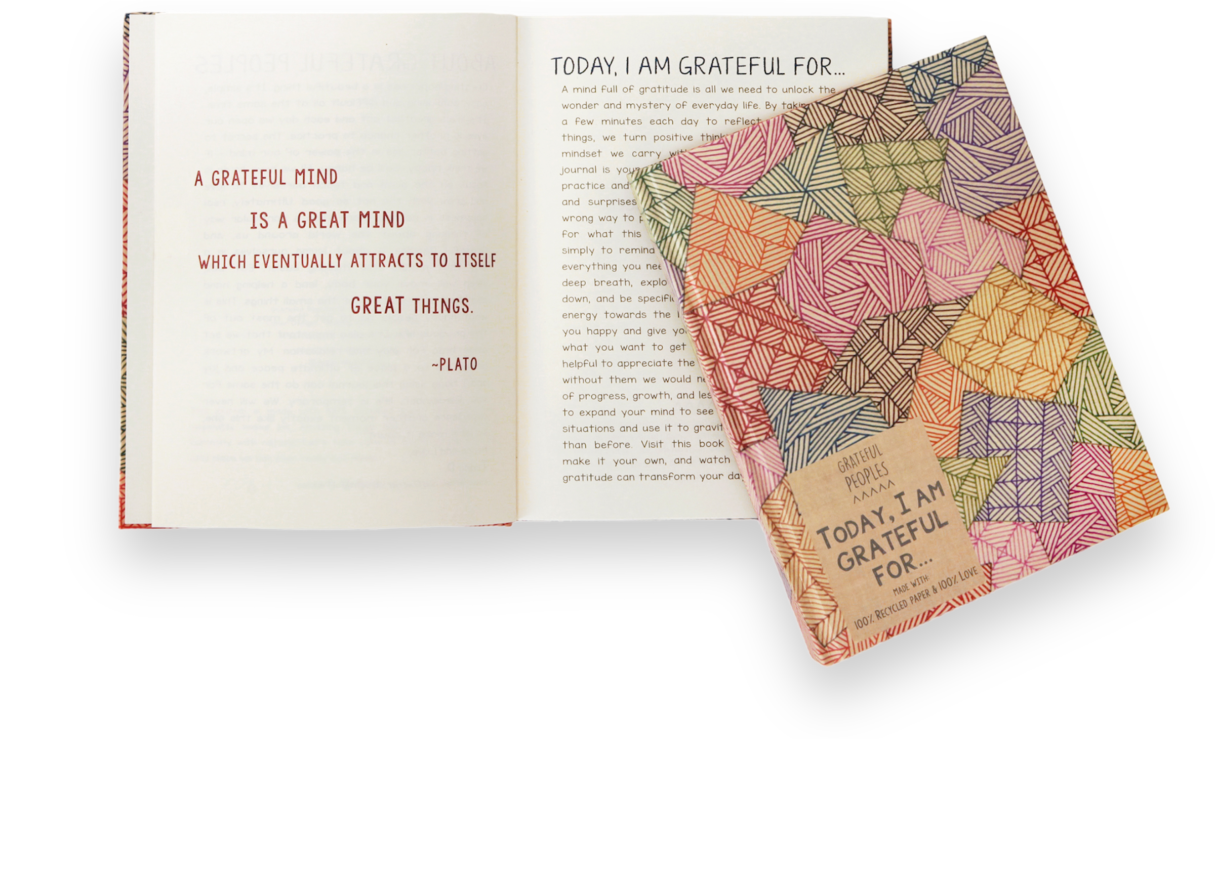 Open Grateful Peoples gratitude journal showing the daily prompt 'Today I am grateful for' beside two patterned journal covers