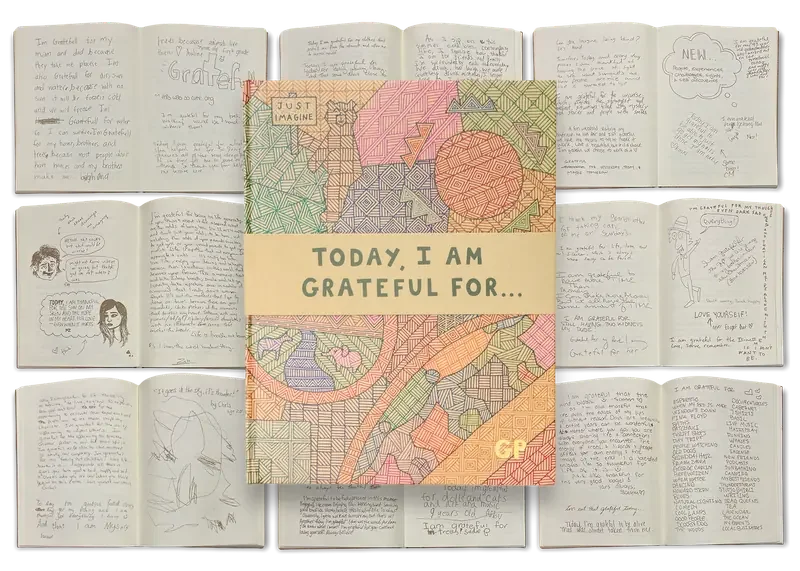 Collage of open Grateful Peoples Gratitude Journal pages filled with handwritten messages, with the journal cover overlaid in the center