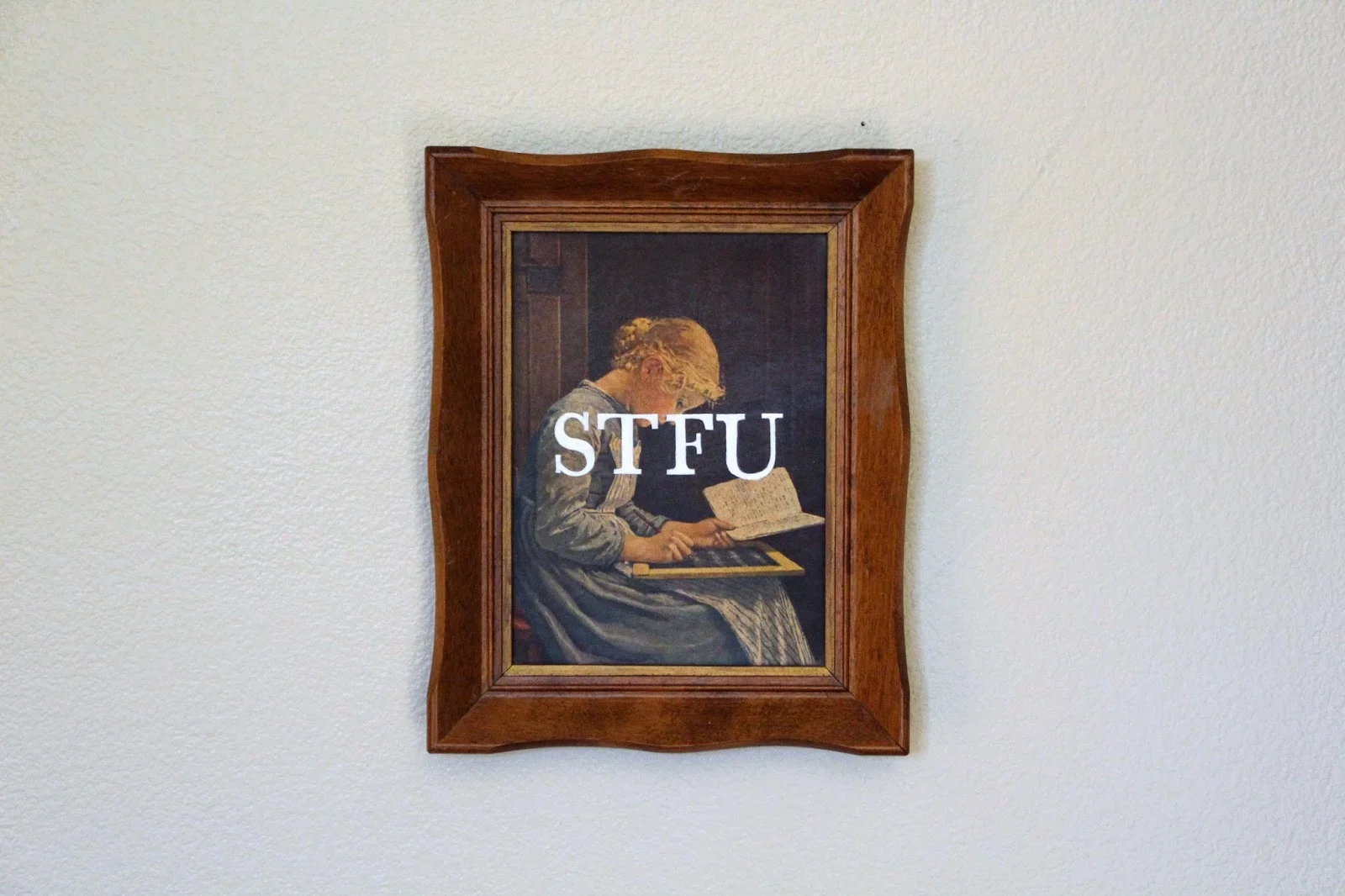 STFU acrylic on found painting 2014 sold