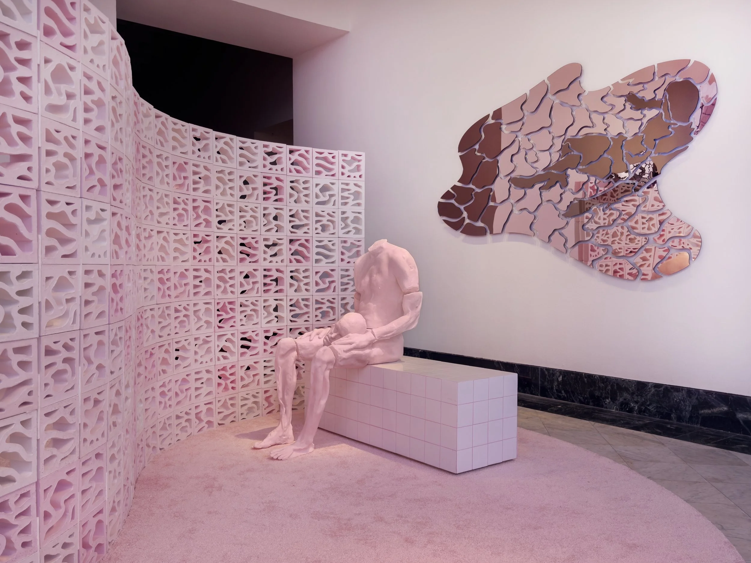  Installation (bodies: cast soap with rose essence; breeze-block wall: cast plaster; acrylic mirror), Orlando Museum of Art, Orlando FL, 2026 