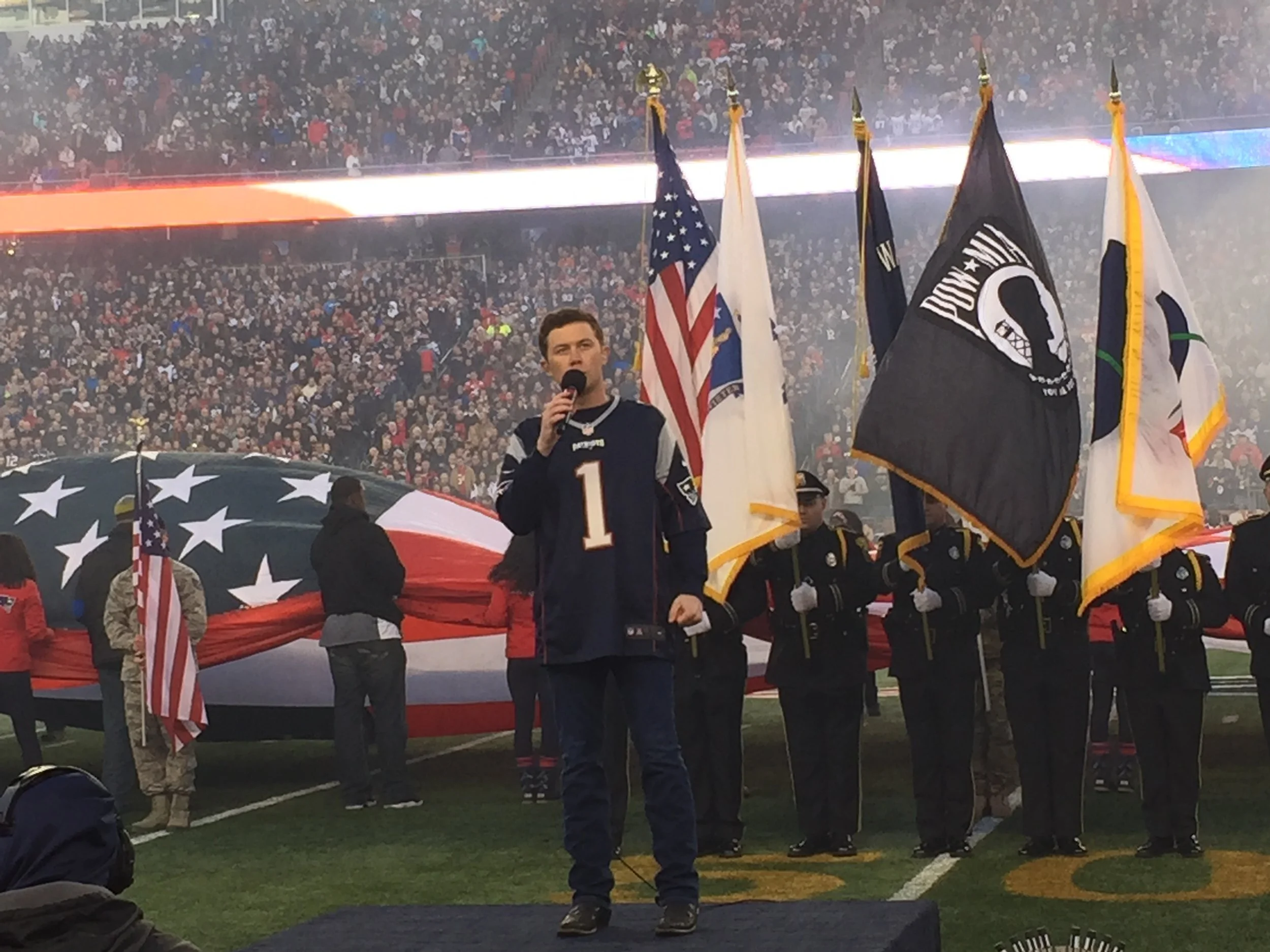  Scotty McCreery performing the National Anthem at Gillette Stadium in Foxboro, MA on Jan. 16, 2016 before the New England Patriots vs. Kansas City Chiefs game. (Photo Credit: Scott Stem)