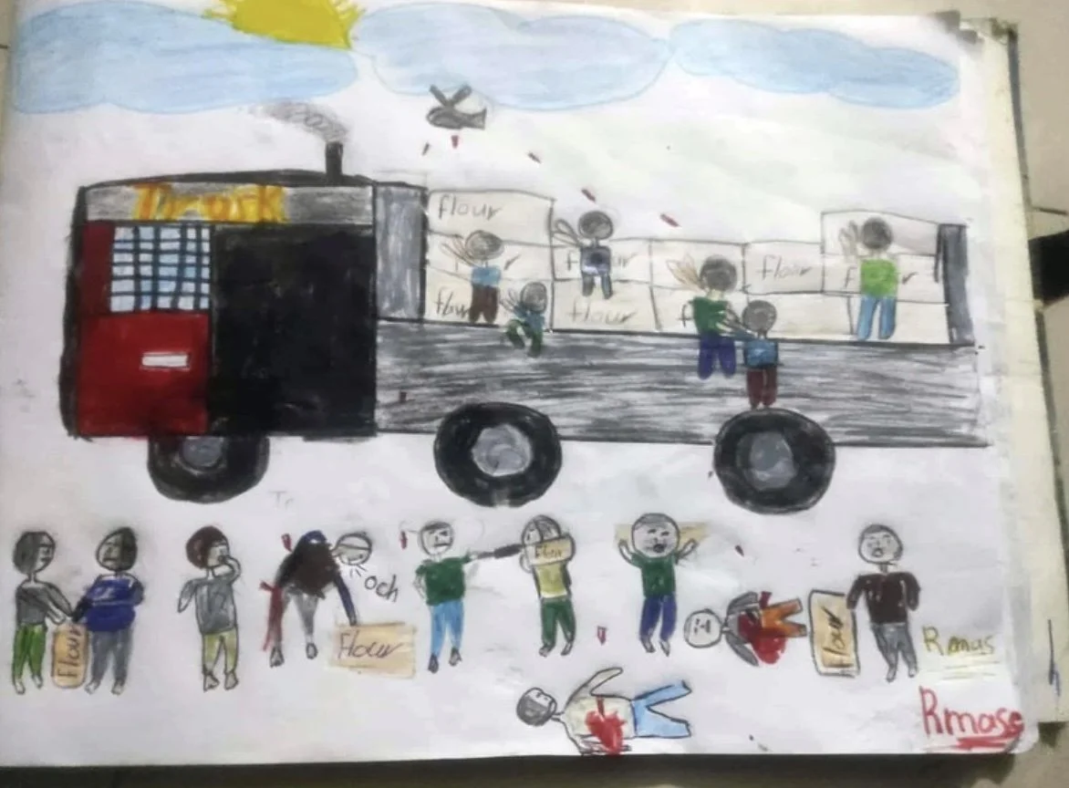 “Starving people rush to get flour. A quadcopter shoots them from the air.”