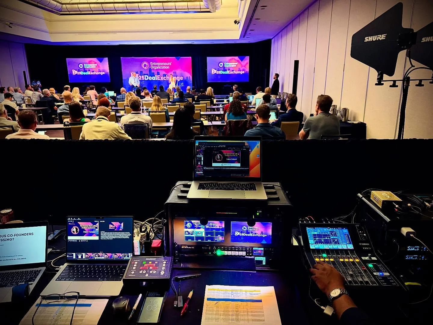 A look behind the scenes at last week&rsquo;s conference 🎛️
This is the side guests don&rsquo;t often see: video switchers, mixers, screens, wireless mics, lighting controllers and full stage projection all working together. 
It&rsquo;s the coordina