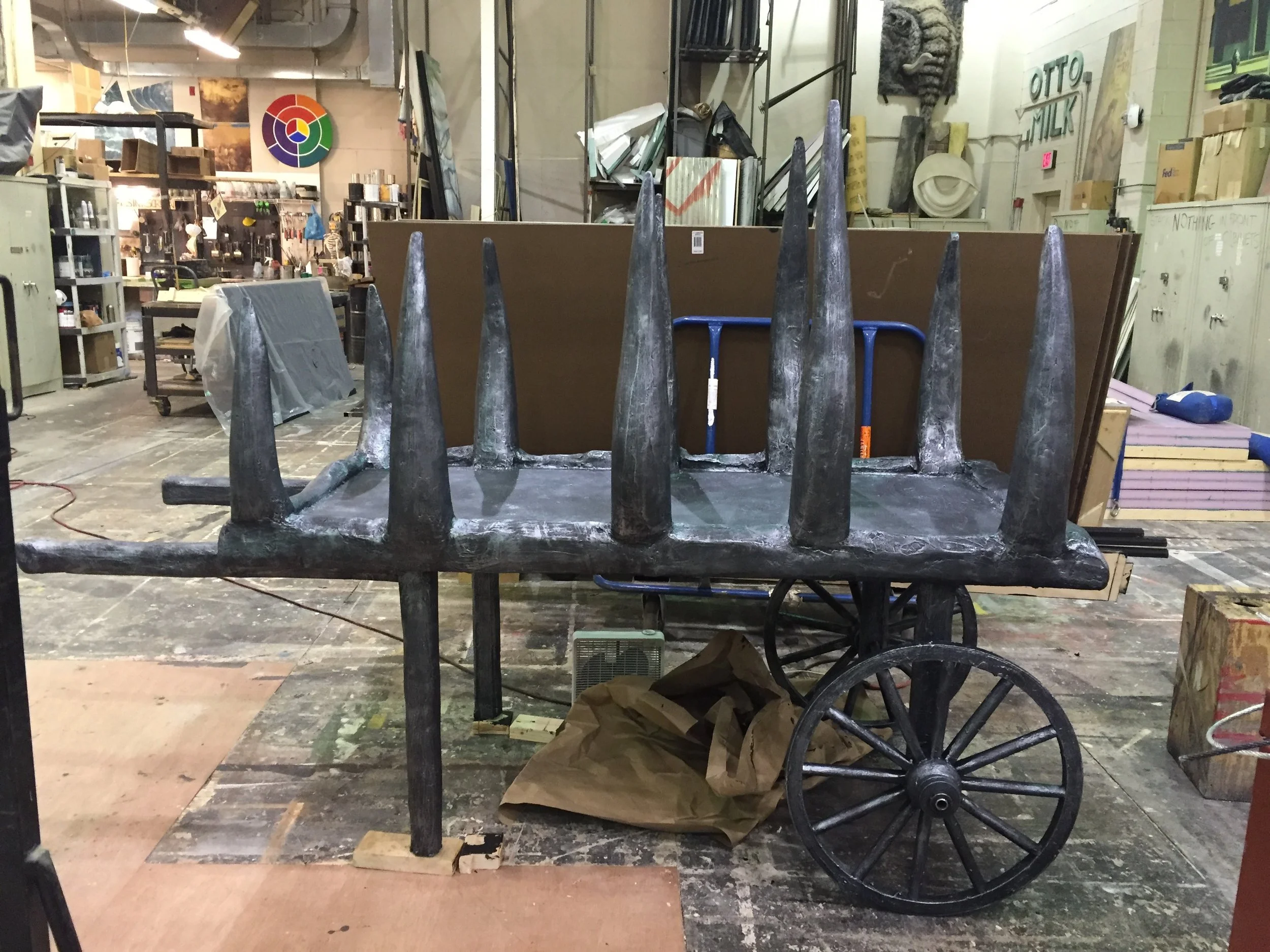 Death's Cart for A Plague in Venice. Made with box steel, plywood, and insulation foam. Collaborative effort. 