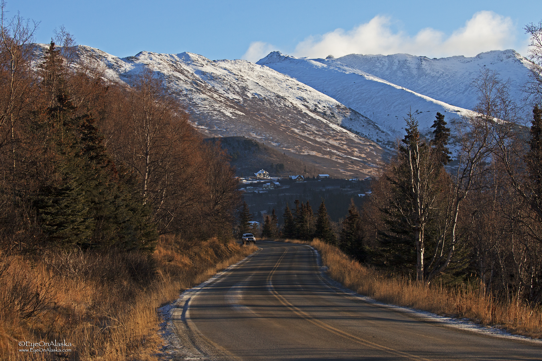 Rush hour on Clark's Road. Bear Valley in the background.
