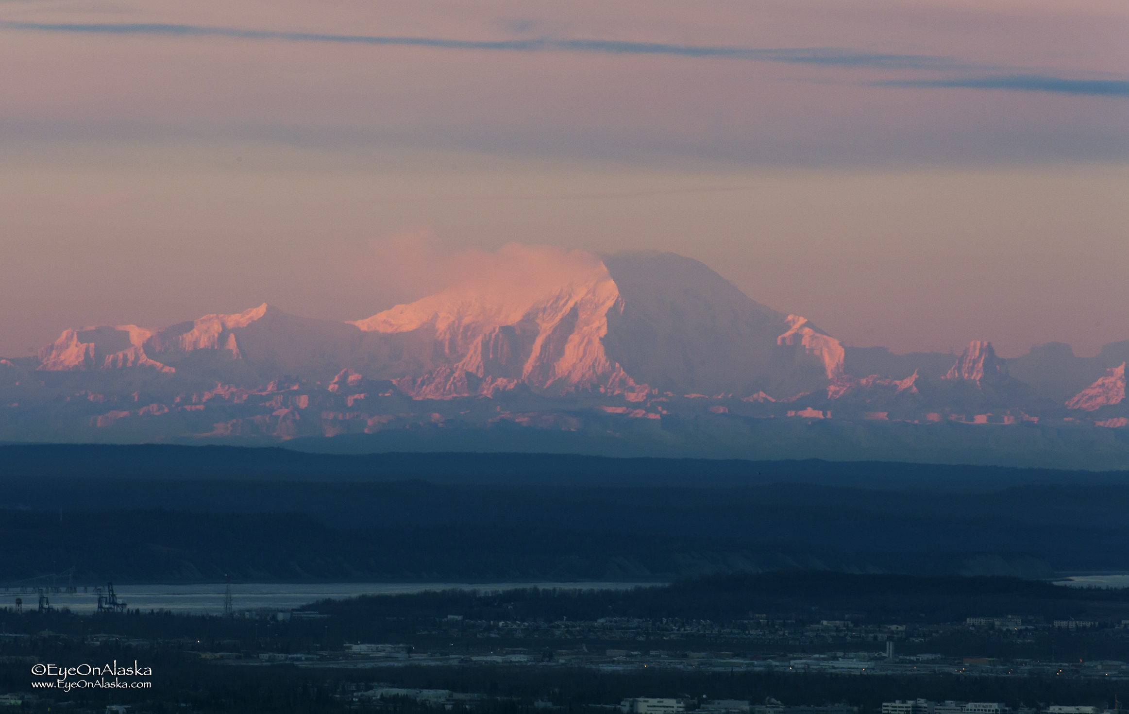 Mount Foraker on the horizon at sunset. 