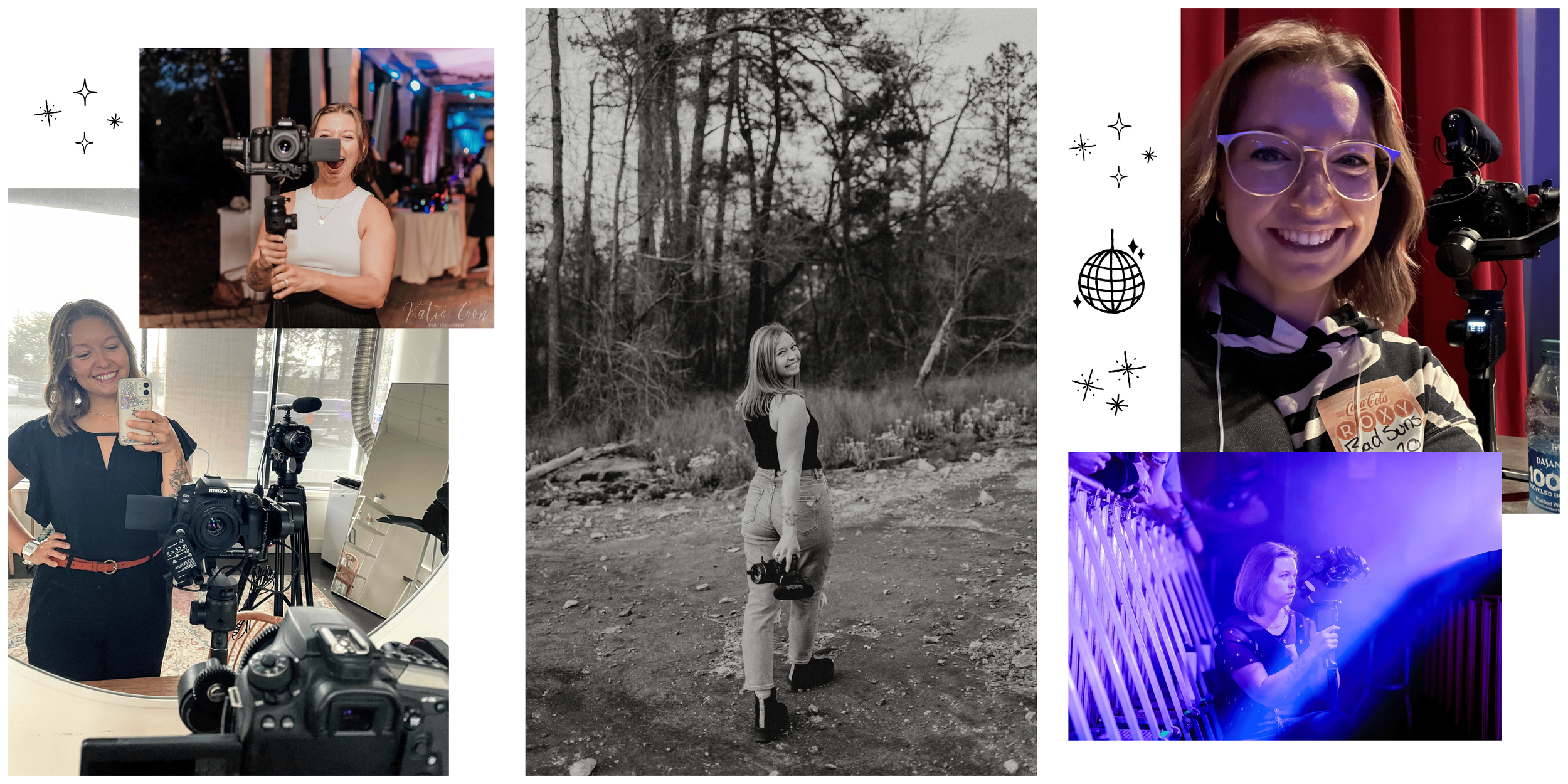 Multiple images of freelance Atlanta videographer filming in various locations