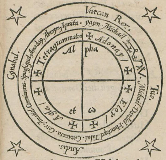 One of the treatises included in the Fourth Book is the infamous that manual of planetary angel magic the Heptameron, which includes as especially unique system of working magic circles, such as this one above. 