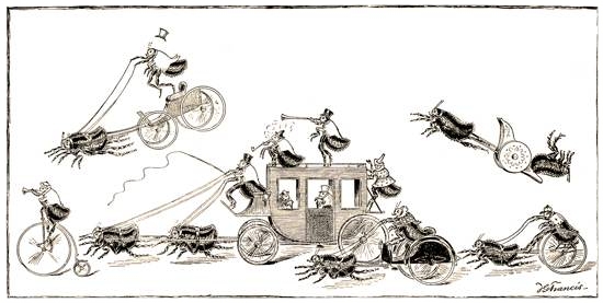 A flea circus : "The Go-As-You-Please Race, as seen through a Magnifying Glass", from St. Nicholas Magazine , USA, 1886