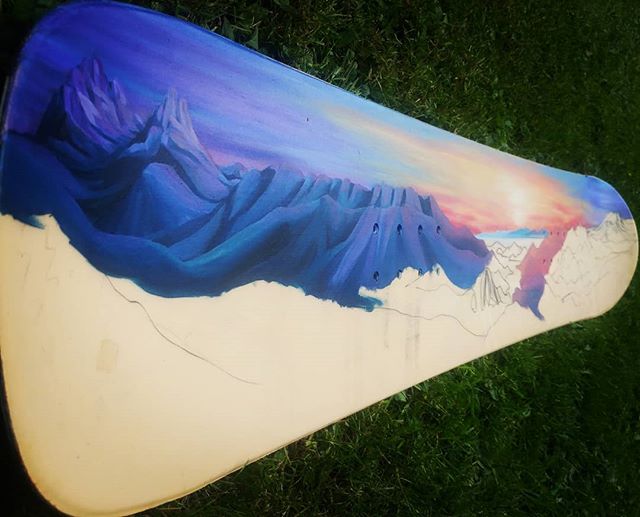 Progress... Howe Sound taking shape on my old snowboard. Stoked on this commission!
.
.
.
.
.
.
#seatosky #whistler #blackcomb #artist&nbsp; #whistlerblackcomb #seatosky #landscapepainting #abstractlandscape #rainbow #color #art #mountainlife #mounta